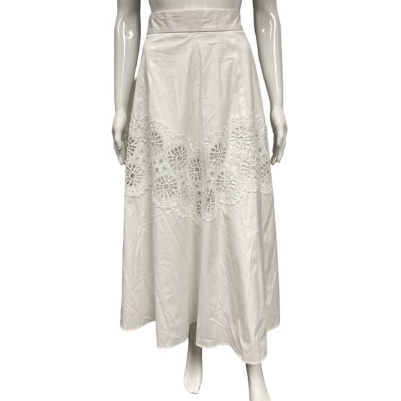 LELA ROSE White Cotton Poplin Embroidered Eyelet Lace A-Line Midi Skirt 14 - Picture 2 of 5
